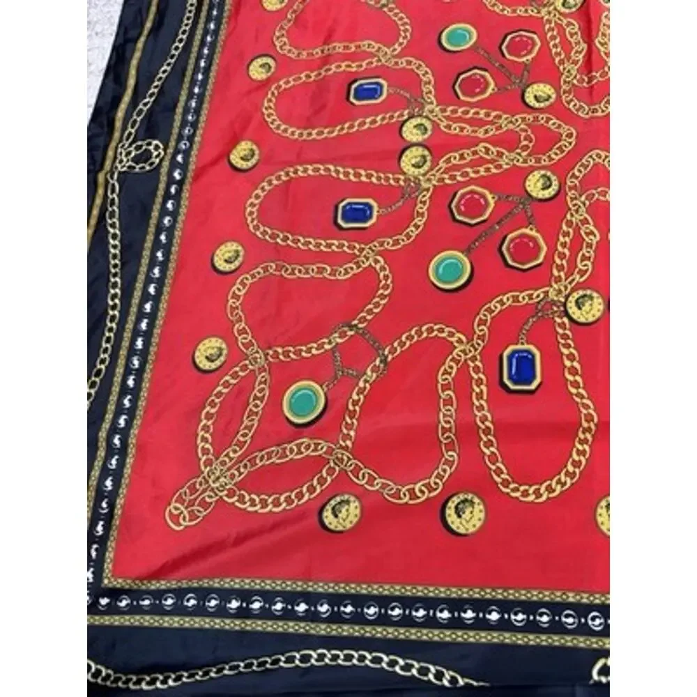 Vintage Square 35” Scarf Red Black Gold Chain Link Coin Jewel Print Silk Crest